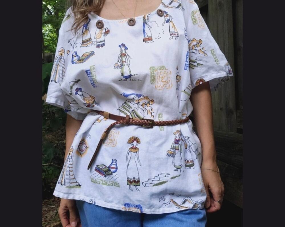 Lantana 100% Linen Peruvian Ethnic Boho Print Blouse Women's Size Medium